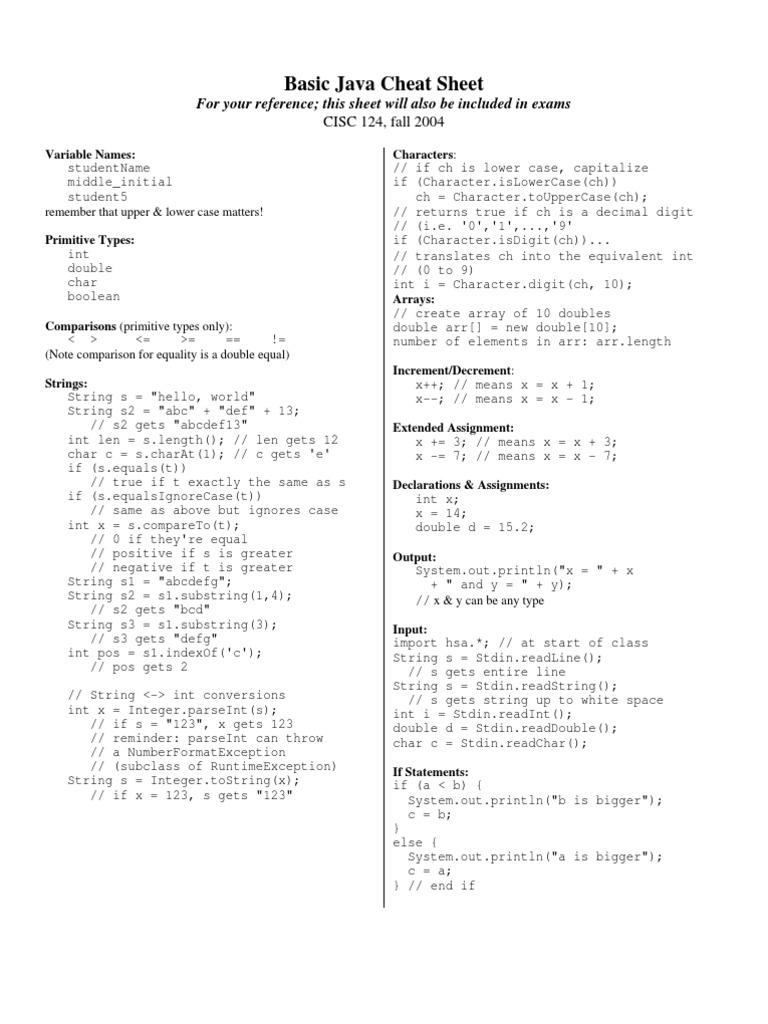 Basic Java Cheat Sheet Pdf Integer Computer Science Theoretical