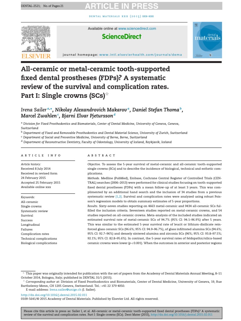 AllCeramic or MetalCeramic ToothSupported Fixed Dental Prostheses