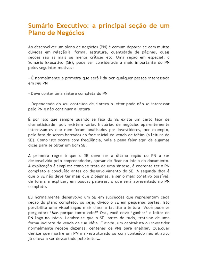 Importância do Sumário Executivo no PN | PDF | Plano de negócios ...