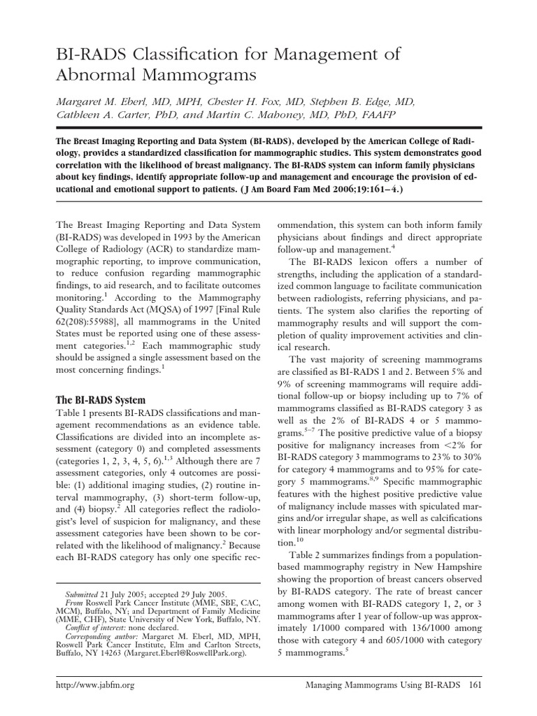 BI-RADS Classification For Management of Abnormal Mammograms | PDF ...