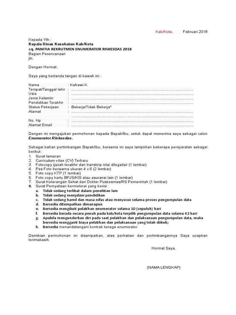 Surat Lamaran Enumerator Riskesdas 2018