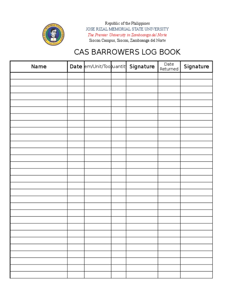 Cas Barrowers Log Book Name Date Signature Signature PDF