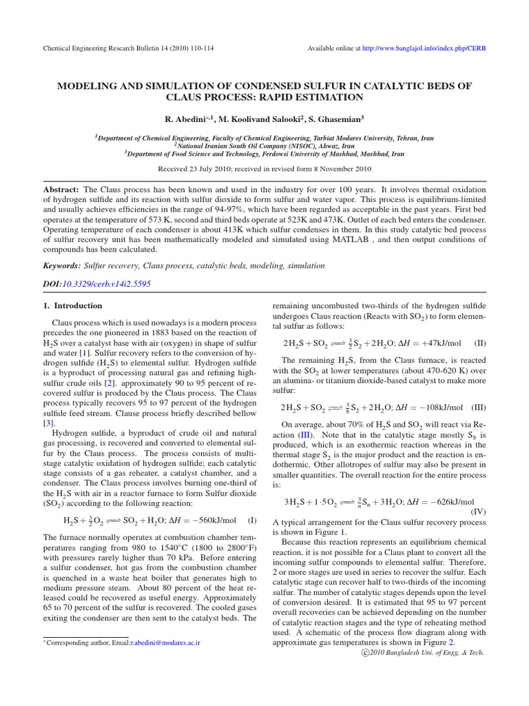 Modelling of Claus Sulfur Recovery Unit | PDF | Chemistry | Physical