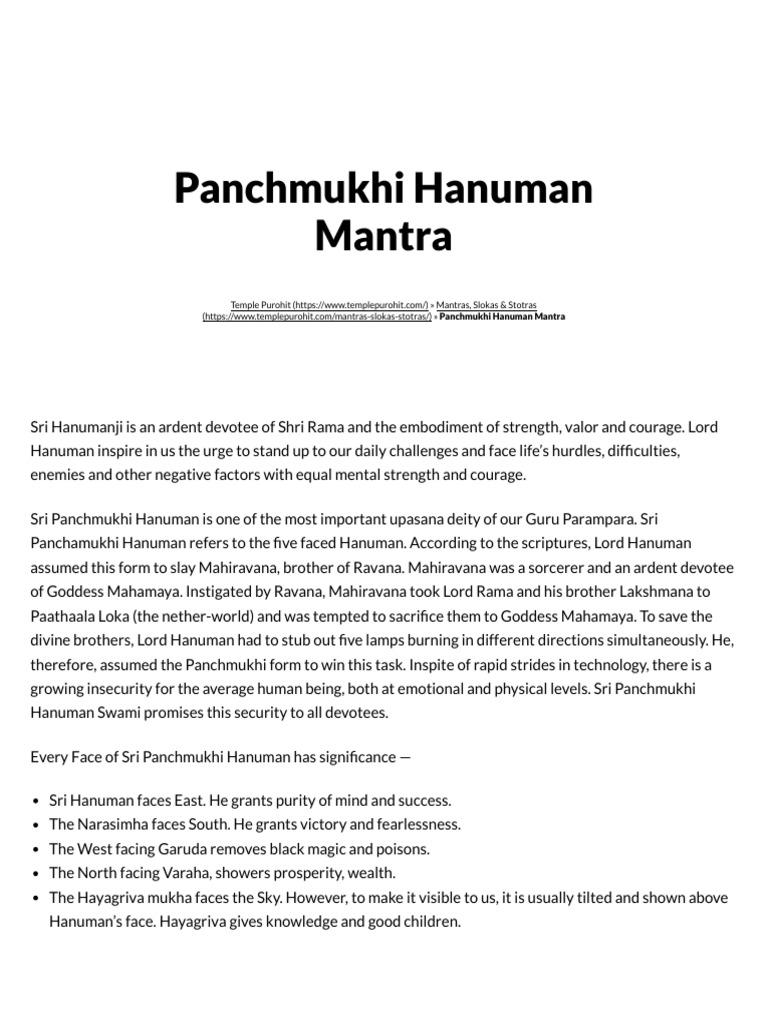 Panchmukhi Hanuman Mantra Stotra Benefits Meaning For Protection Devi Shiva scribd