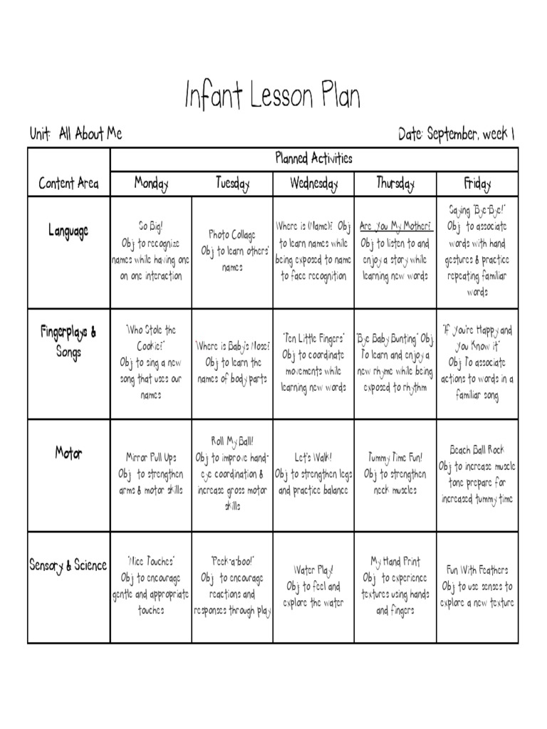 Infants Year Long Lesson Plans PDF Perception Leisure