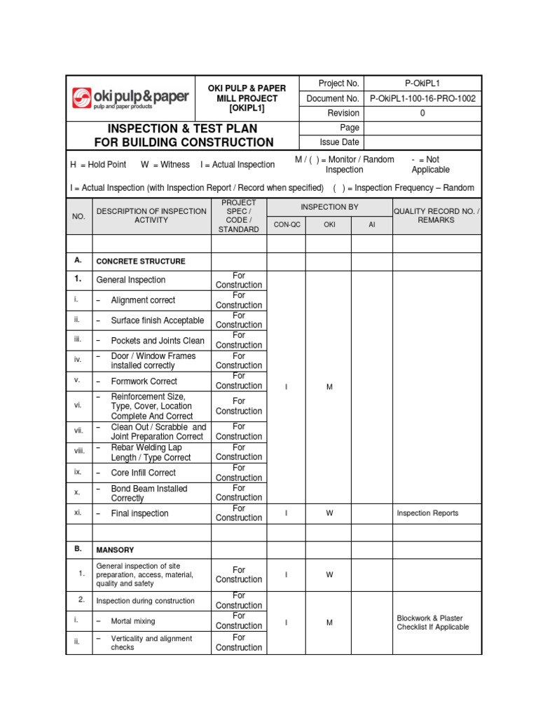 Contoh Inspection Test Plans Specification (Technical Standard