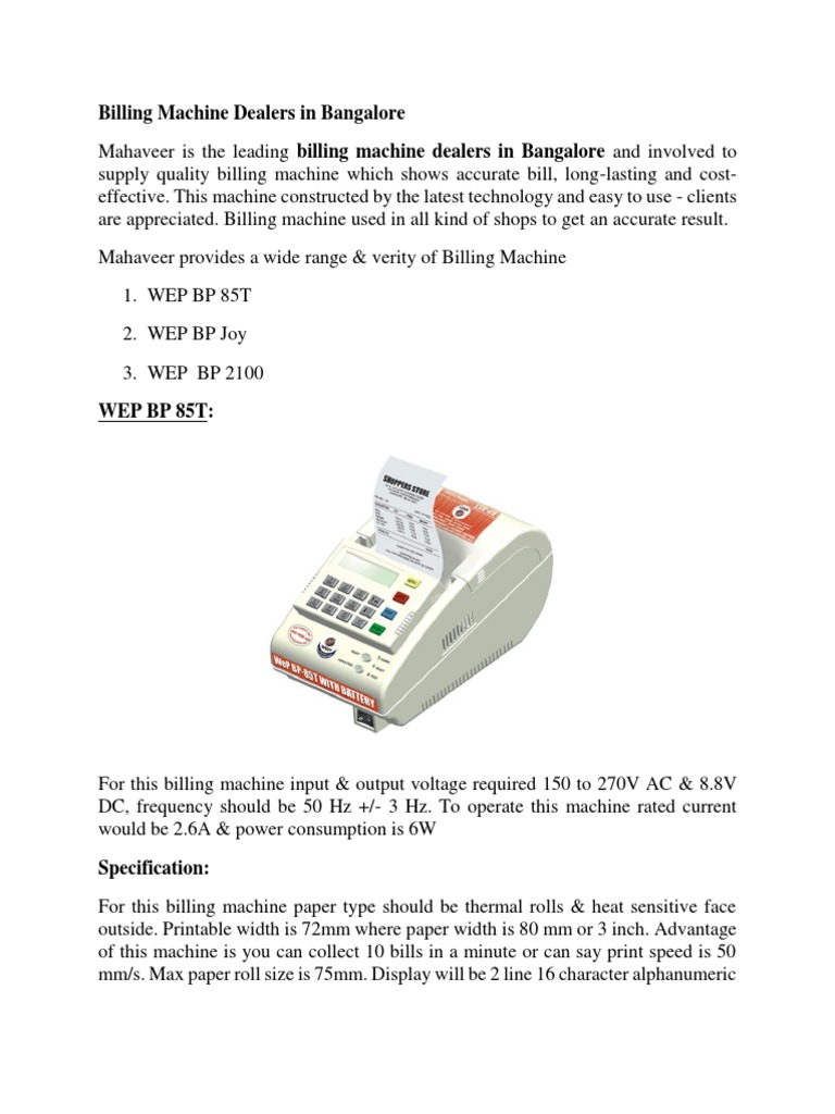 Billing Machine Dealers in Bangalore PDF Manufactured Goods