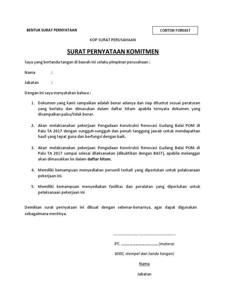 Bentuk Surat Pernyataan Komitmen Perusahaan Pdf