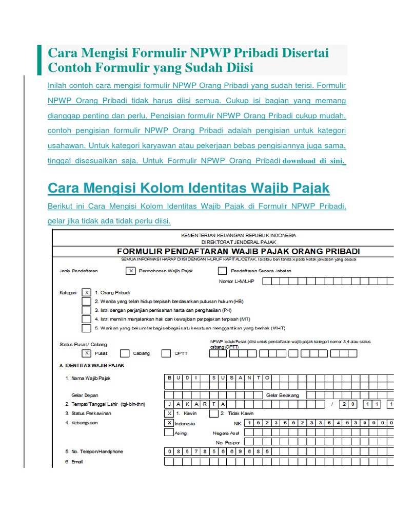 Cara Mengisi Formulir Npwp Pribadi Disertai Contoh Formulir Yang Sudah Diisi