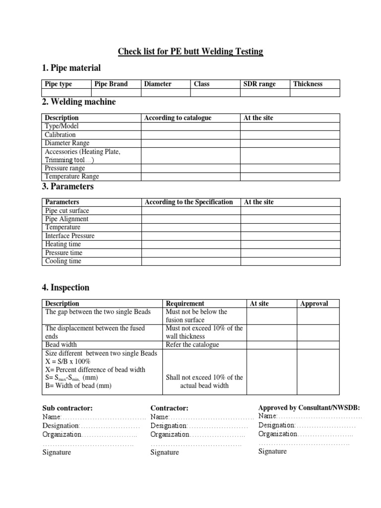 Check List For PE Butt Welding Testing | PDF