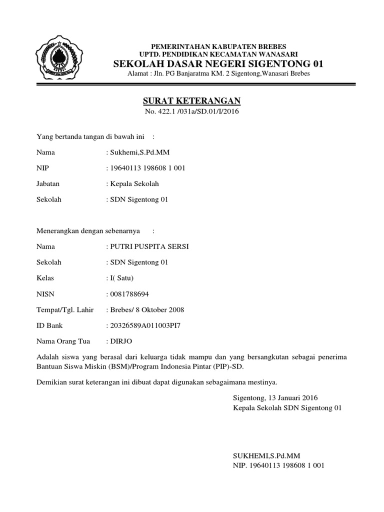 Contoh Surat Keterangan Bsm Pip 2016 SKL yang tercantum dalam dokumen ini adalah untuk Jenjang SMA untuk jenjang lain dapat menyesuaikan sesuai dengan kurikulum atau.