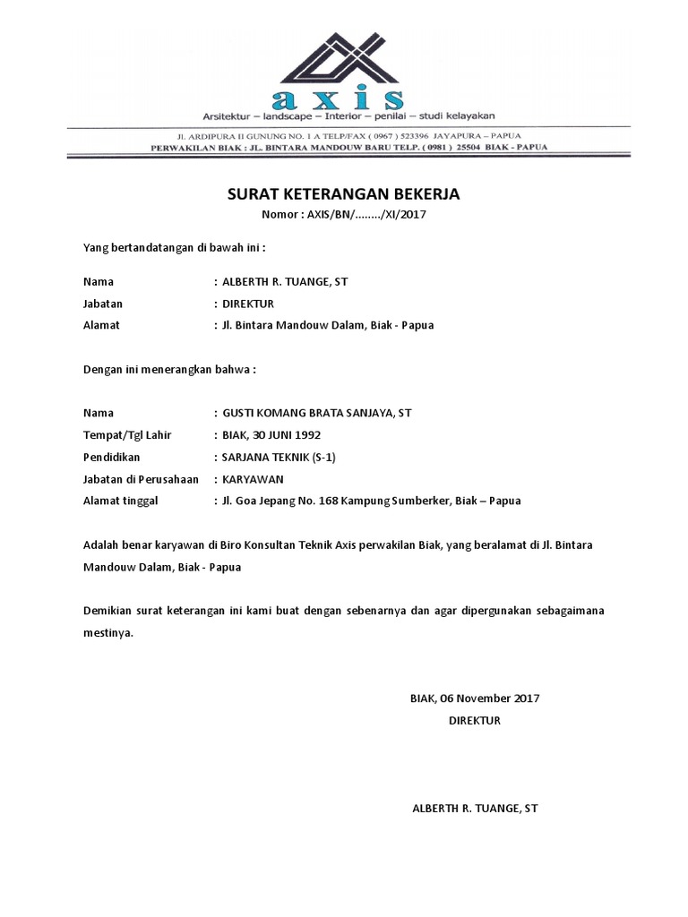 Contoh Surat Keterangan Kerja Pdf