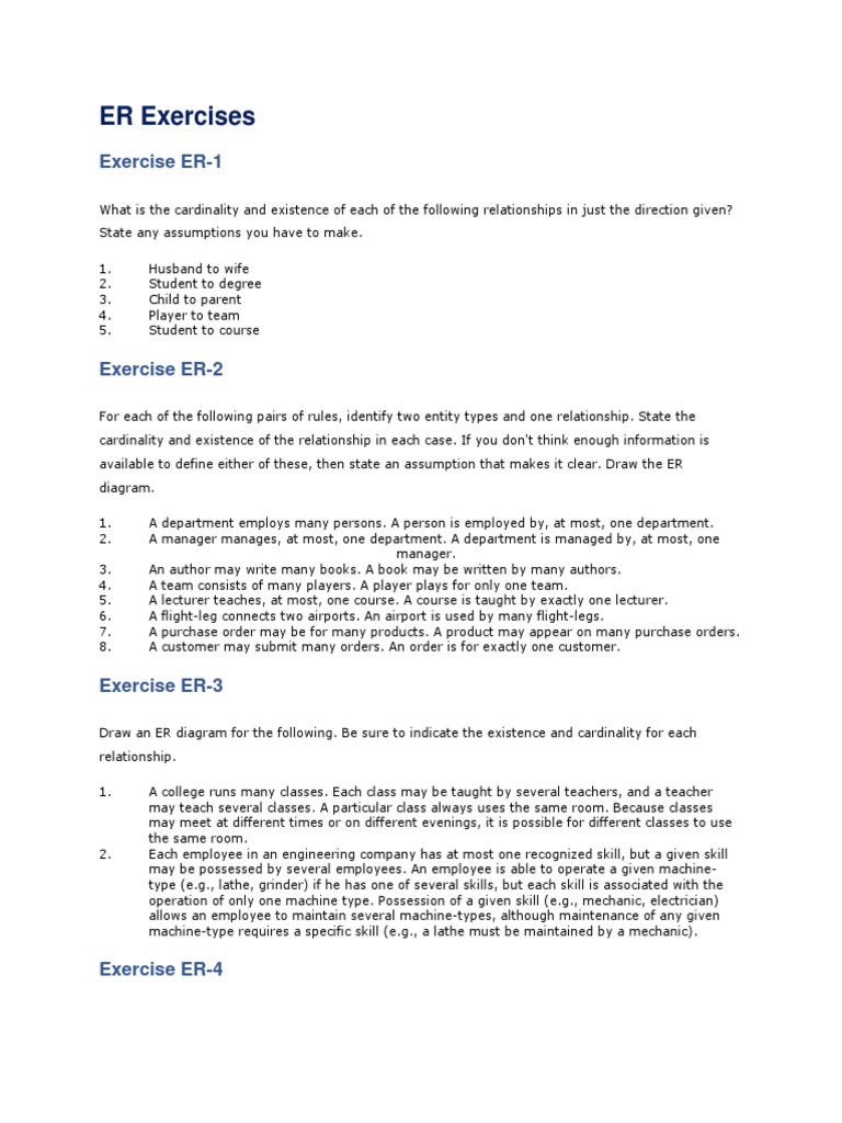 ER Diagram Exercises and Solutions | PDF | Menu | Teachers