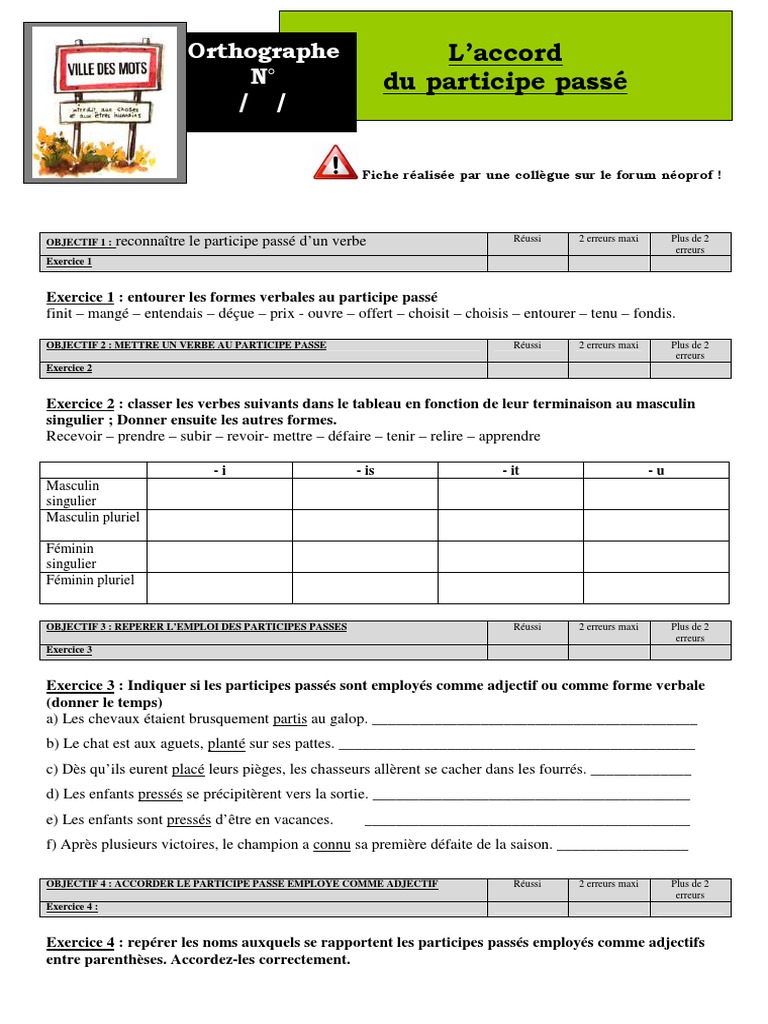 Exercice Participe Passé : 5ème Avec Correction Part I Cipe Passe Exercice S | PDF | Nombre grammatical | Genre grammatical