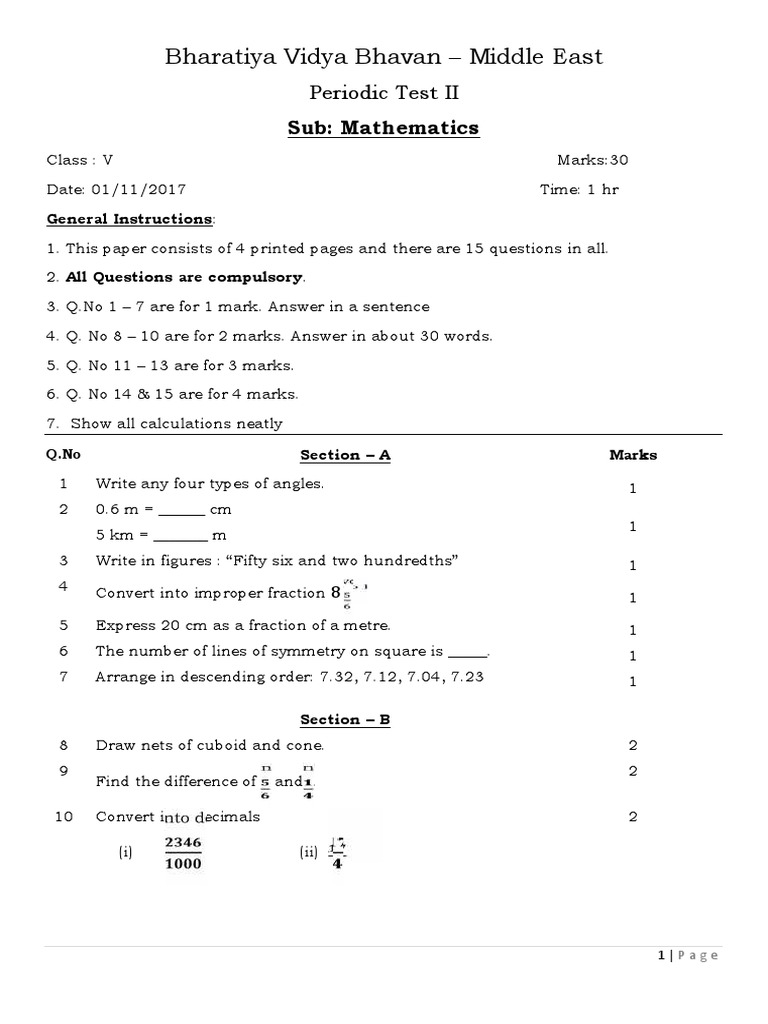 Grade 5 Math Test | PDF | Fraction (Mathematics) | Elementary Mathematics