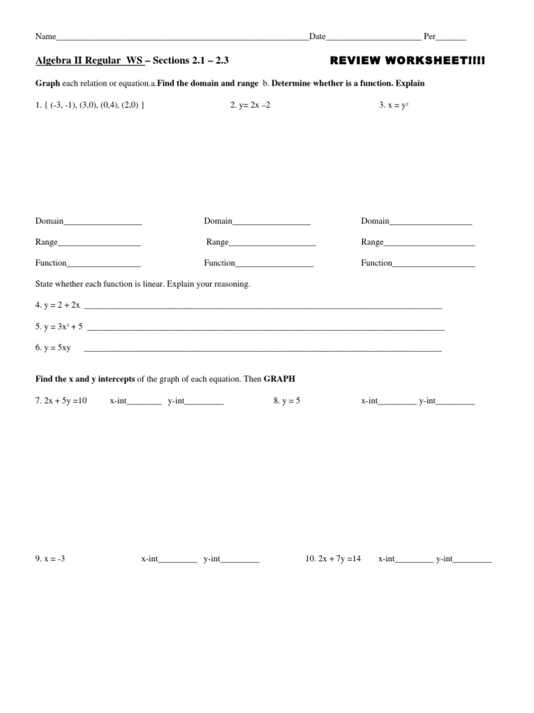 Algebra II Regular WS - Sections 2.1 - 2.3 | PDF
