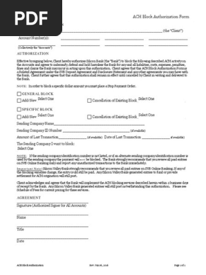 ACH Block Authorization