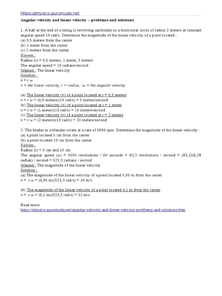 Angular Velocity and Linear Velocity Problems and Solutions PDF | PDF ...