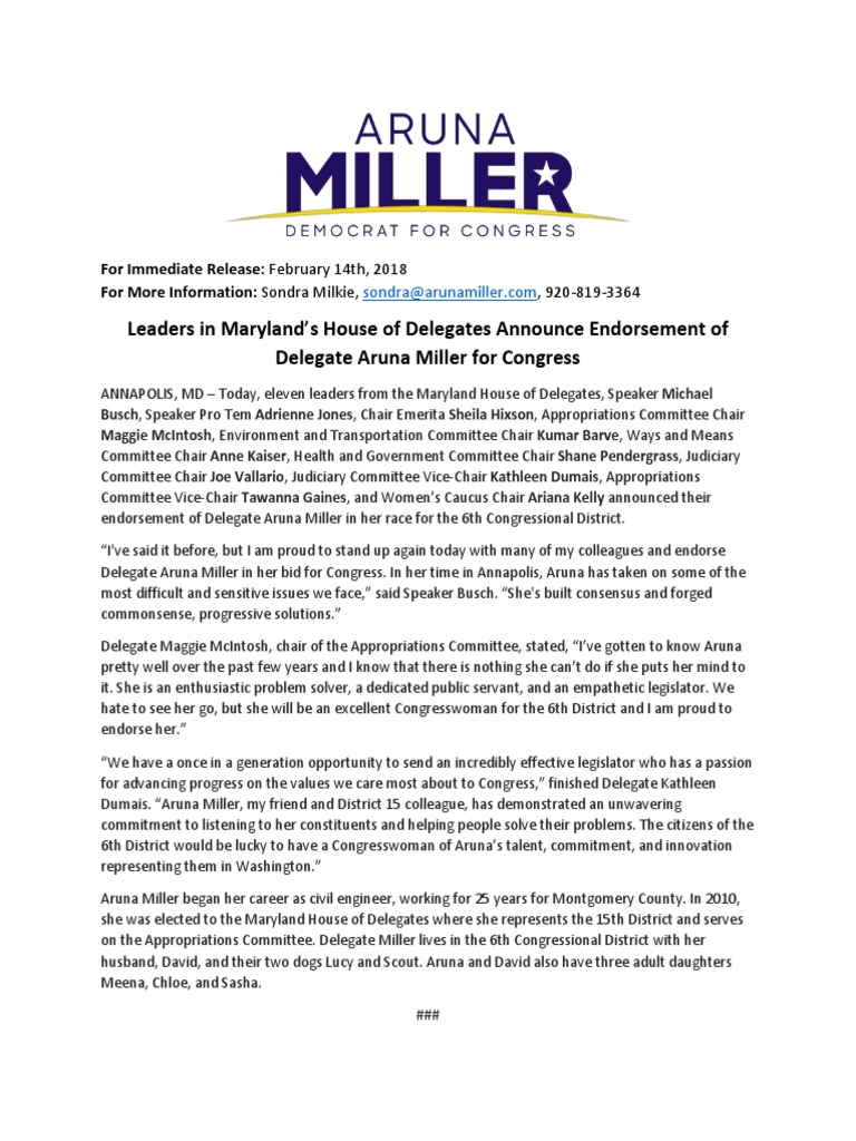 PRESS RELEASE Leaders in Maryland's House of Delegates Announce