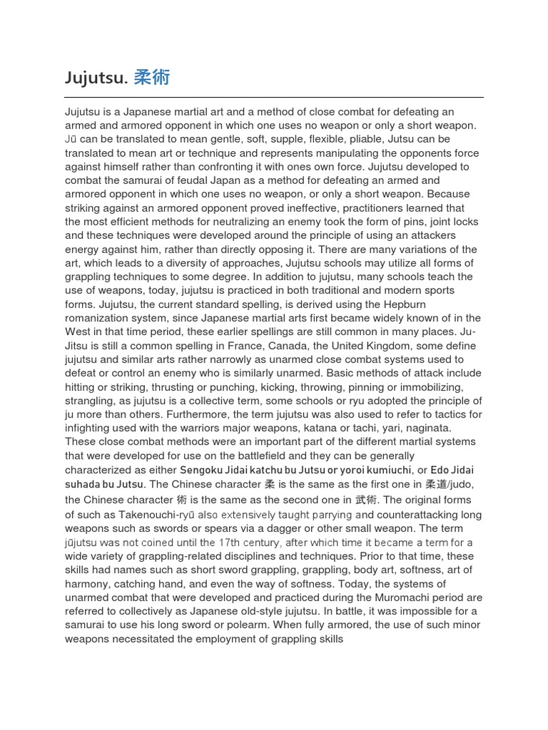 An Overview of Jujutsu A Japanese Martial Art of Using an Opponent's