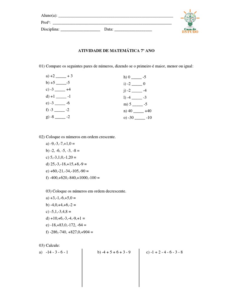 Atividade de Matemática 7º Ano | PDF | Business