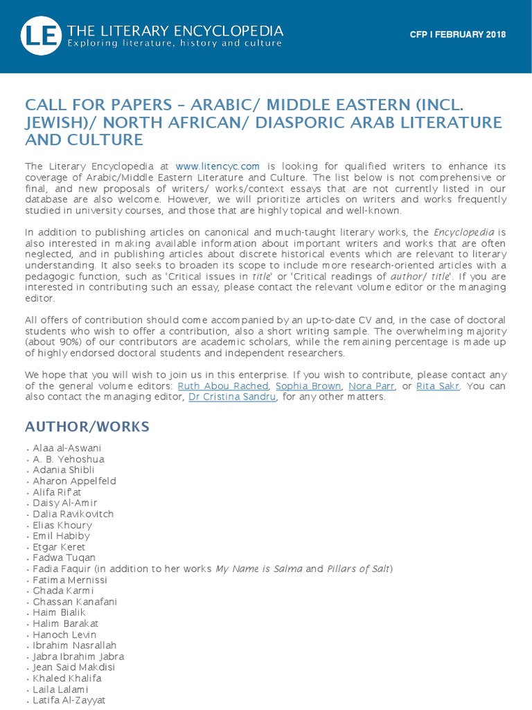 CFP - Arabic:Middle Eastern Literature and Culture | PDF | Arabs ...