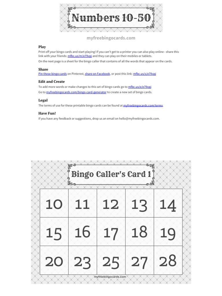 Free Printable Bingo Cards 10-50 | PDF | Computing And Information ...