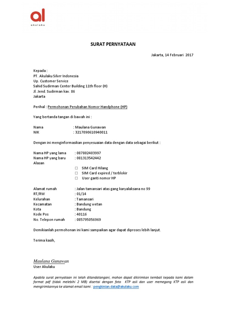 Surat Pernyataan Perubahan No Hp