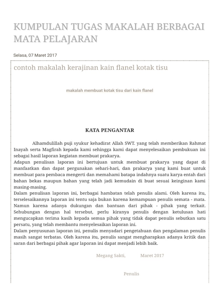 Kumpulan Tugas Makalah Berbagai Mata Pelajaran Contoh Makalah Kerajinan Kain Flanel Kotak Tisu