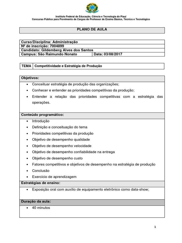 Plano de Aula Didática IFPI PDF Cognição Business