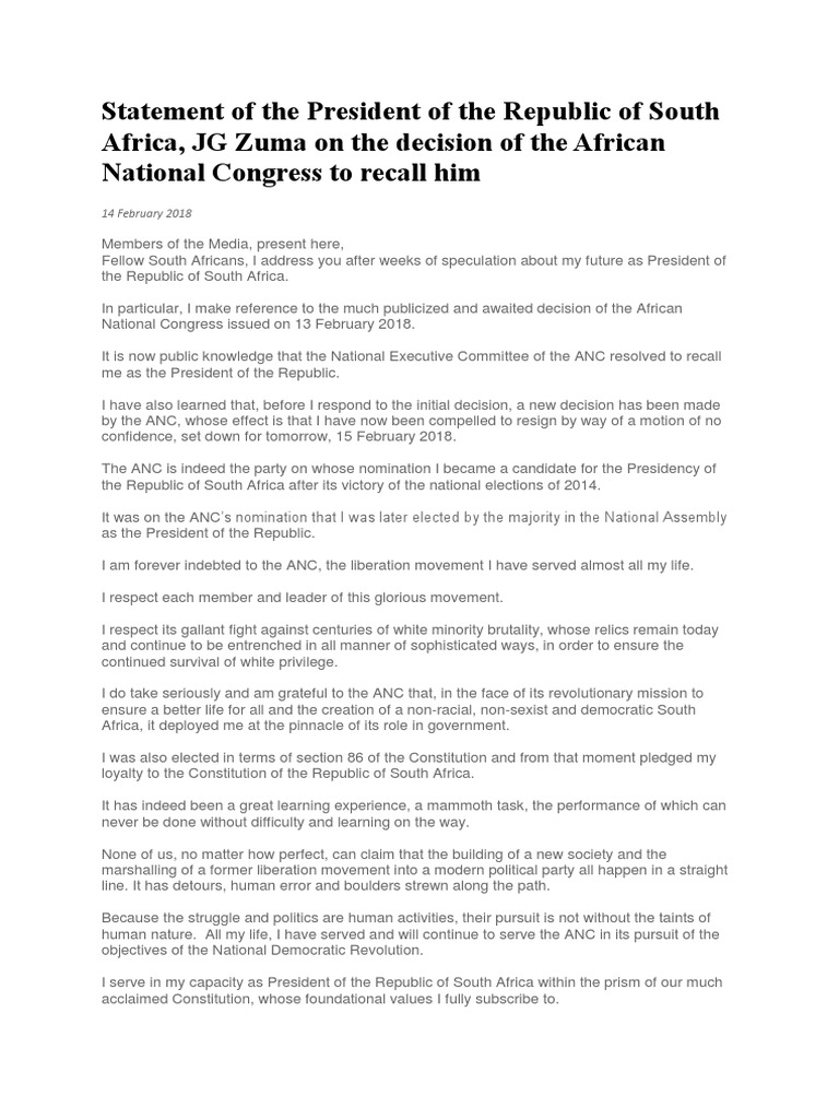 Statement of The President of The Republic of South Africa | PDF ...