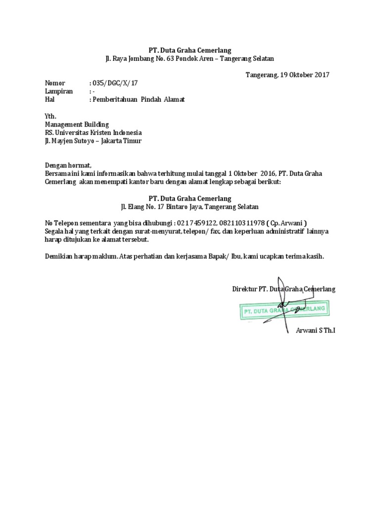 Contoh Surat Pemberitahuan Dah Alamat Kantor Mosaicone