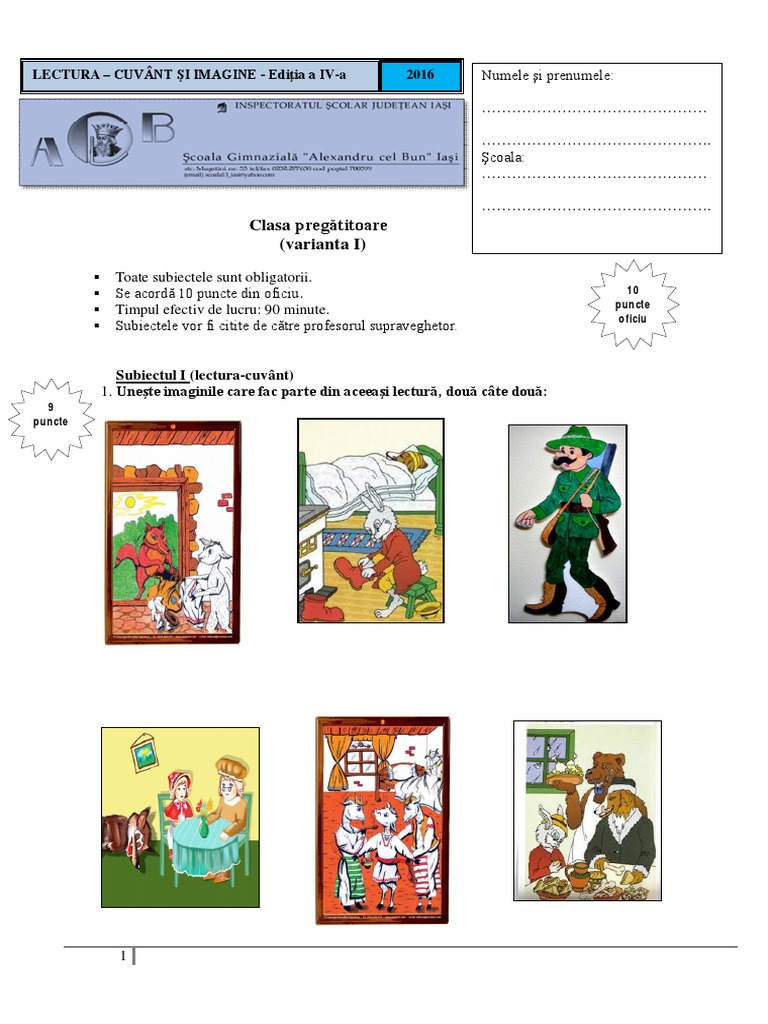 2016 - Lectura Subiecte Clasa Pregatitoare Varianta I PDF | PDF