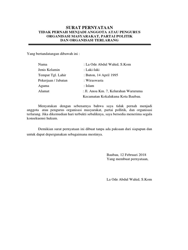 Surat Pernyataan Tidak Menjadi Anggota Anisasi