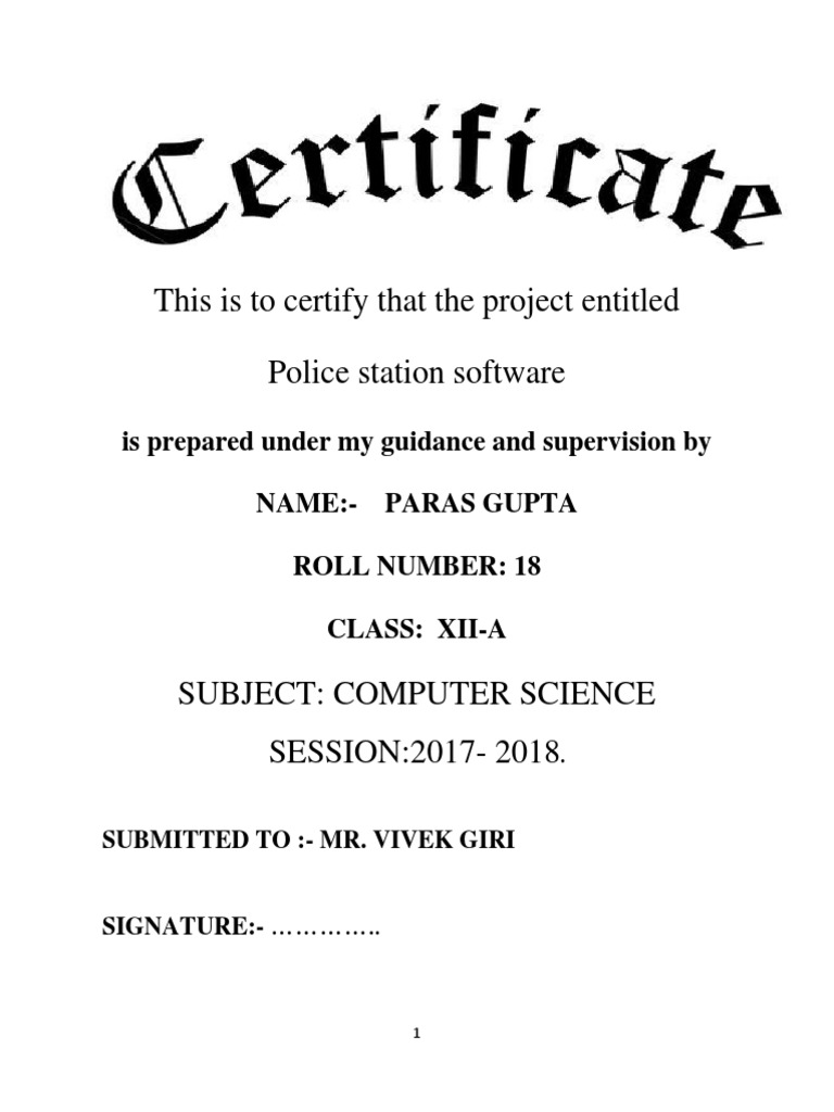 Police Station Software Project Certificate | PDF | Computer ...