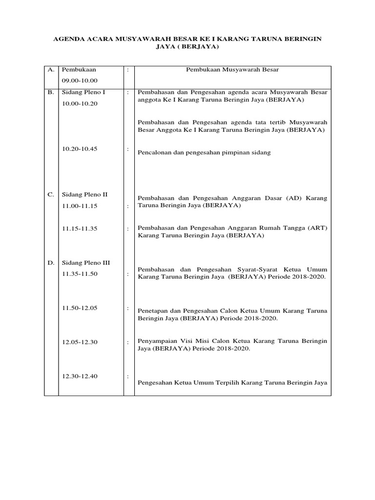 Agenda Acara Musyawarah Besar Ke I Karang Taruna Beringin Jaya | PDF
