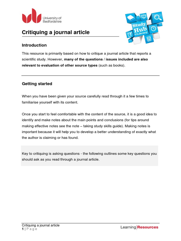 Critiquing A Journal Article: Relevant To Evaluation of Other Source ...