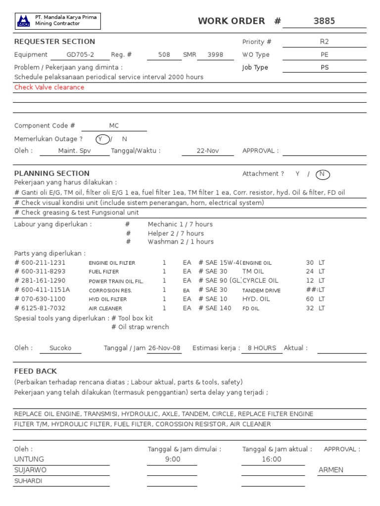 GD705-2 Equipment Service Work Orders | PDF
