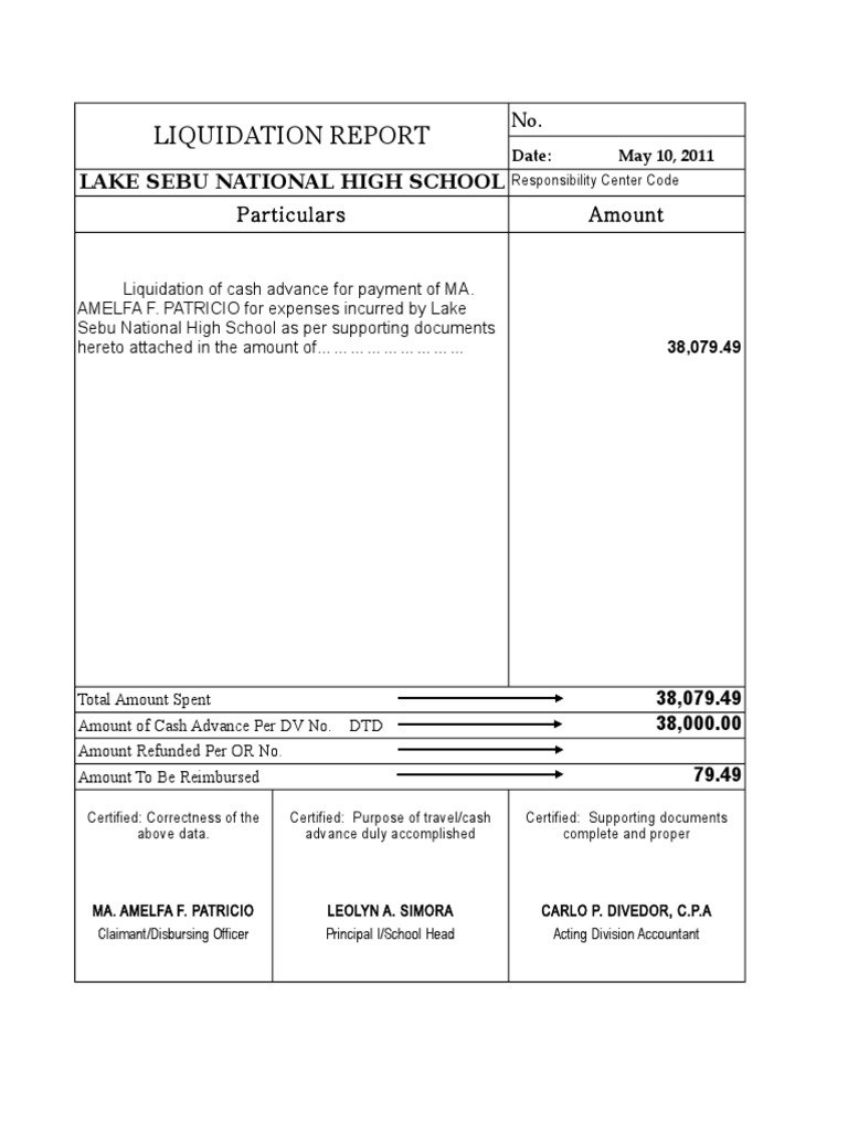 Lake Sebu High School Cash Liquidation Report | PDF | Payments ...