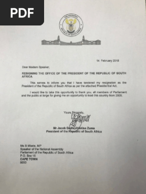Jacob Zuma Resignation Letter