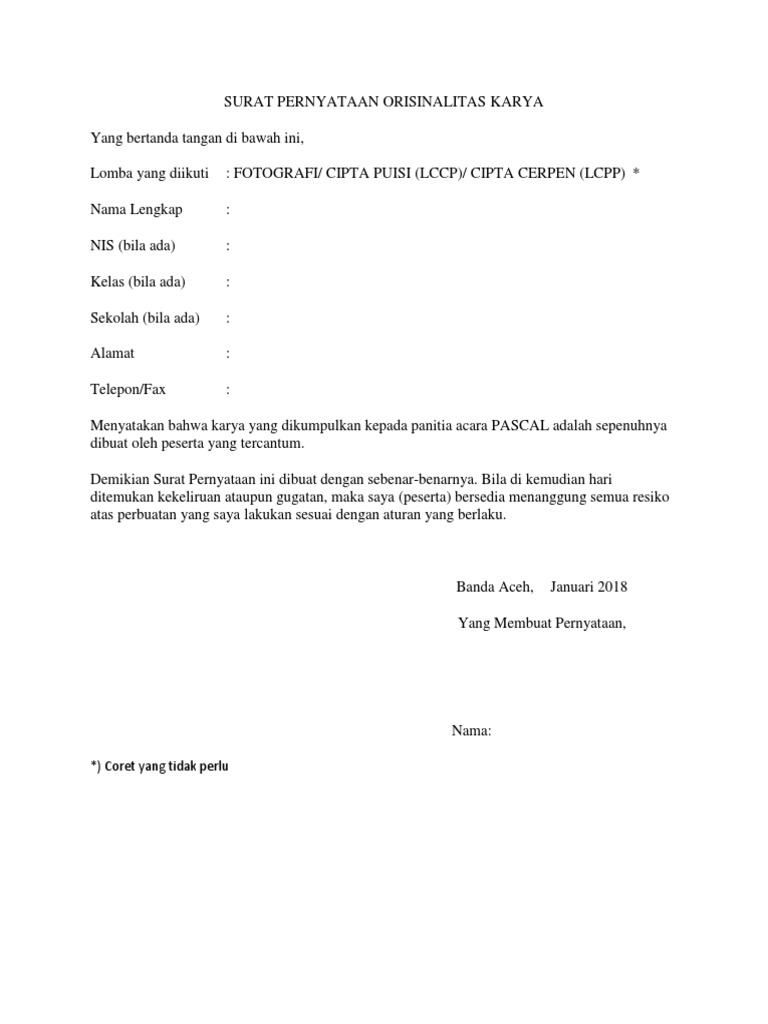 Surat Pernyataan Orisinalitas Karya