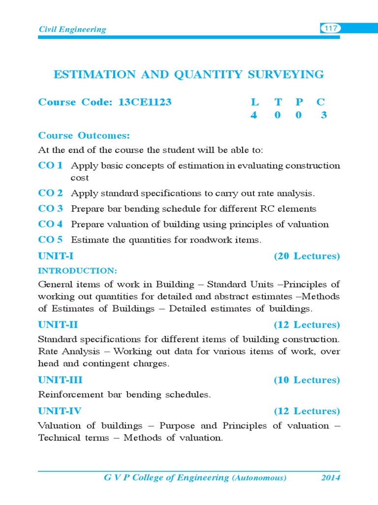 Estimation and Quantity Surveying Course | PDF