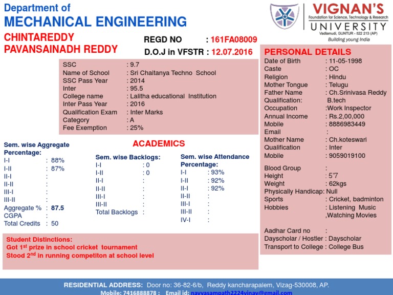 Mechanical Engineering Student Profile | PDF