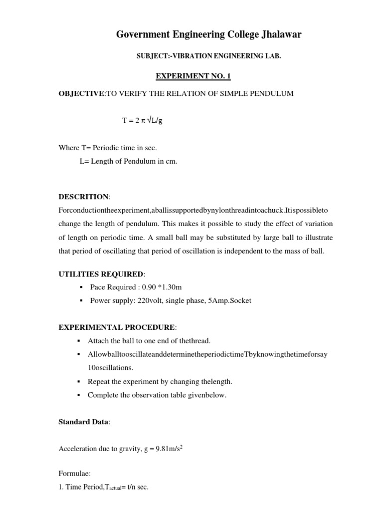 Vibration Engineering Lab Experiments | PDF | Pendulum | Experiment