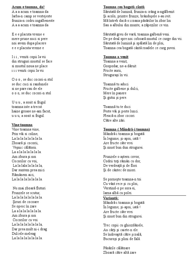 Aaa Acum E Toamna Da Versuri Versuri Cantece Toamna | PDF