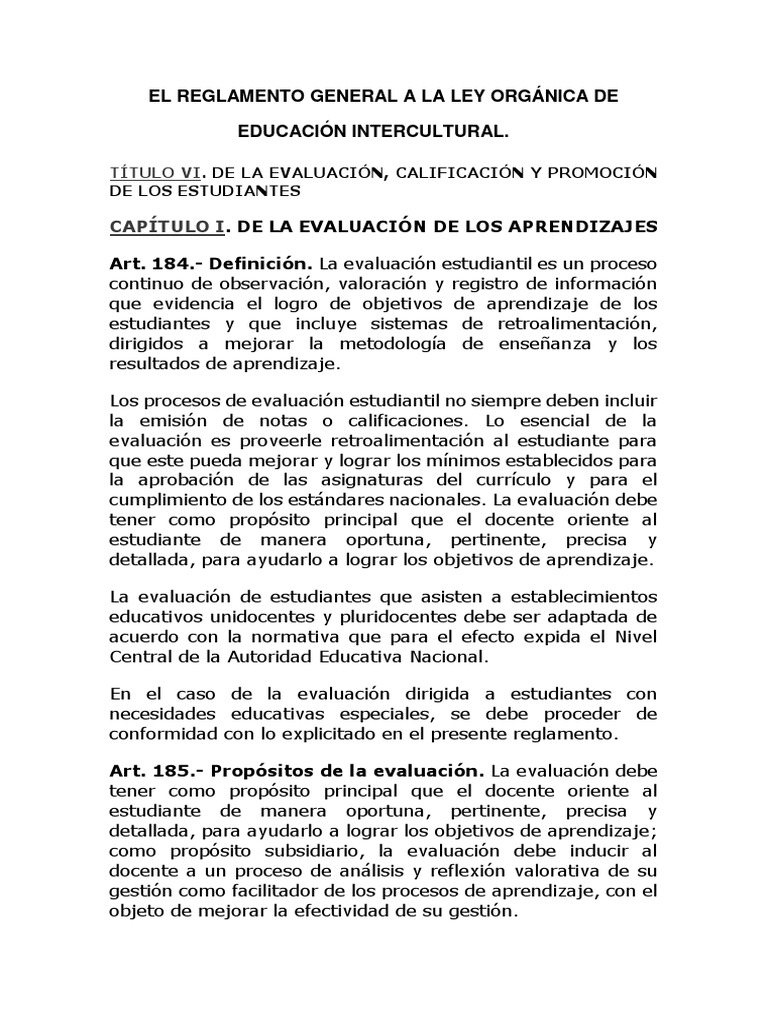 El Reglamento General A La Ley Orgánica de Educación Intercultural ...