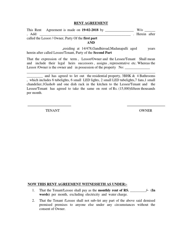 Format Rent Agreement PDF Lease Leasehold Estate