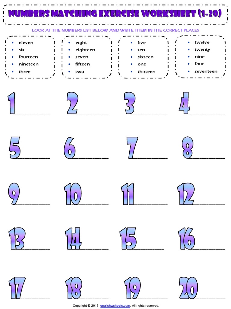 Numbers 1 To 20 Esl Vocabulary Matching Exercise Worksheet pdf