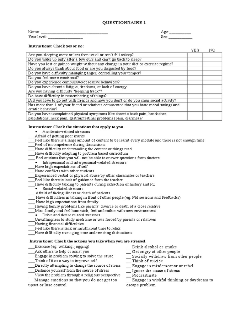 Questionnaire 1: Instructions: Check Yes or No | PDF | Fatigue (Medical ...