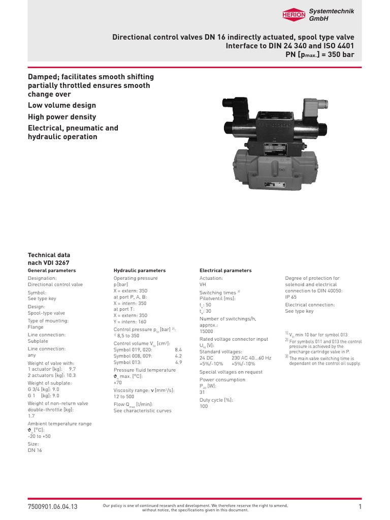 Directional Control Valves DN 16 Technical Specifications and Catalog